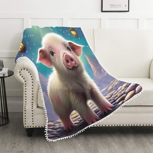 Baby Pig Pom Pom Fringe Blanket 50"x60"