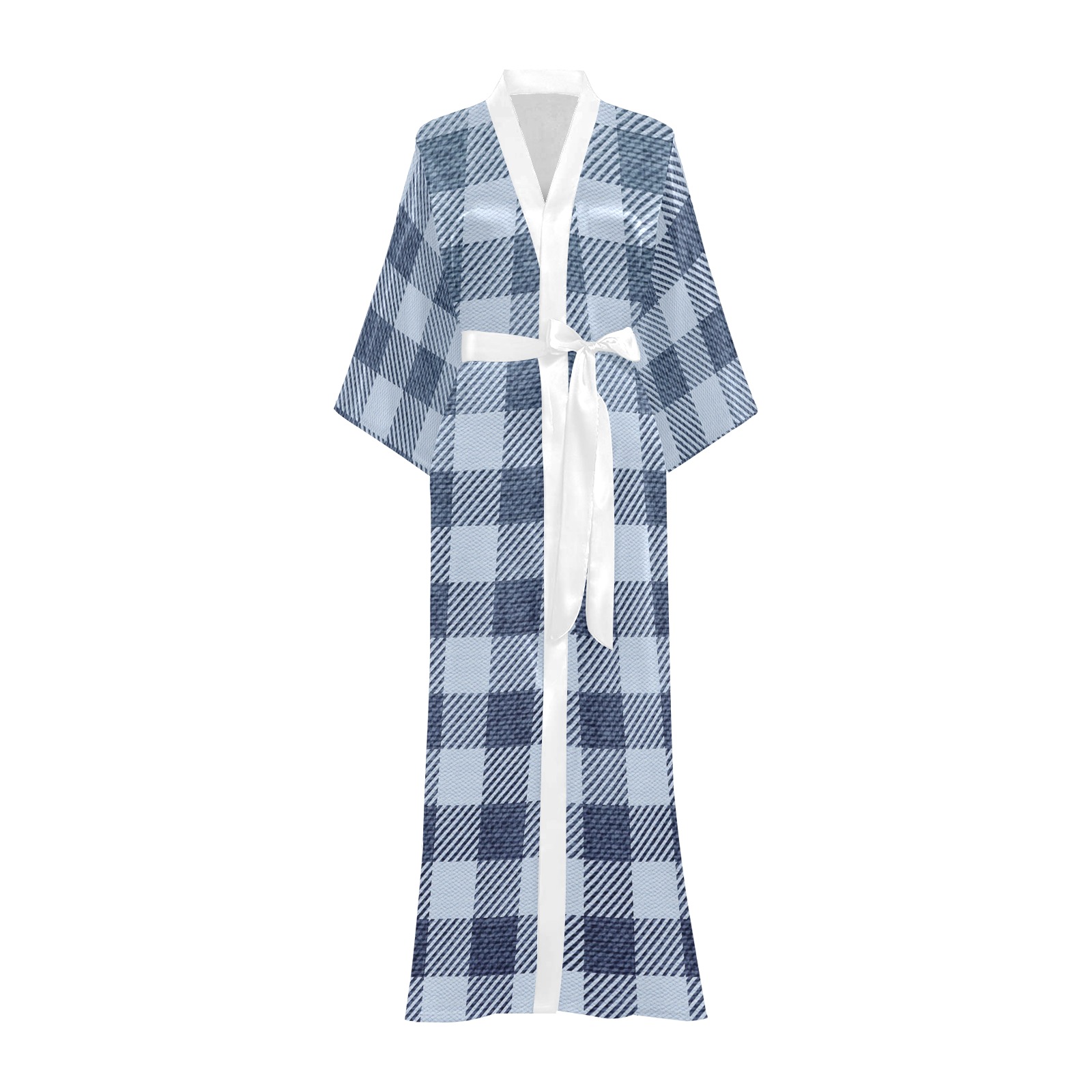 Pastel Blue Plaid Long Kimono Robe
