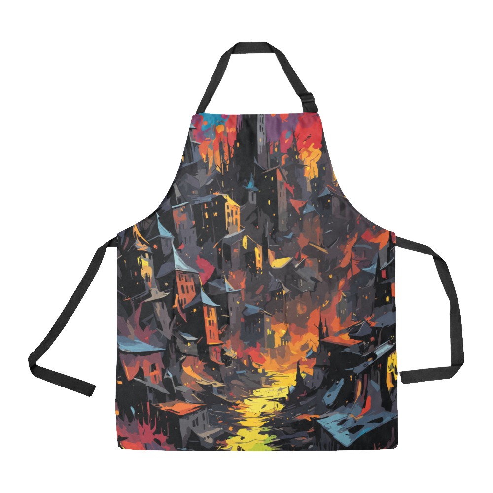 Dark fantasy city. Buildings and colors on black All Over Print Apron ...