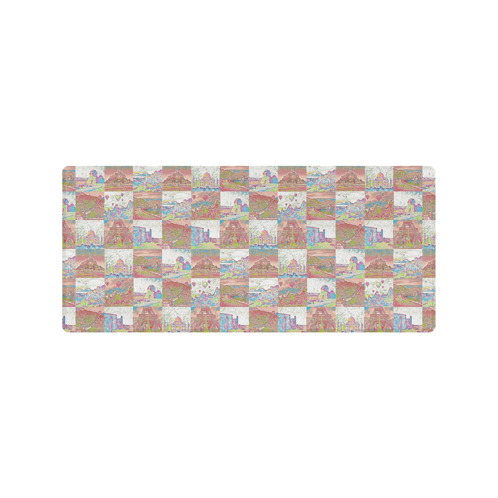 Big Pink and White World Travel Collage Pattern Gaming Mousepad (35"x16")