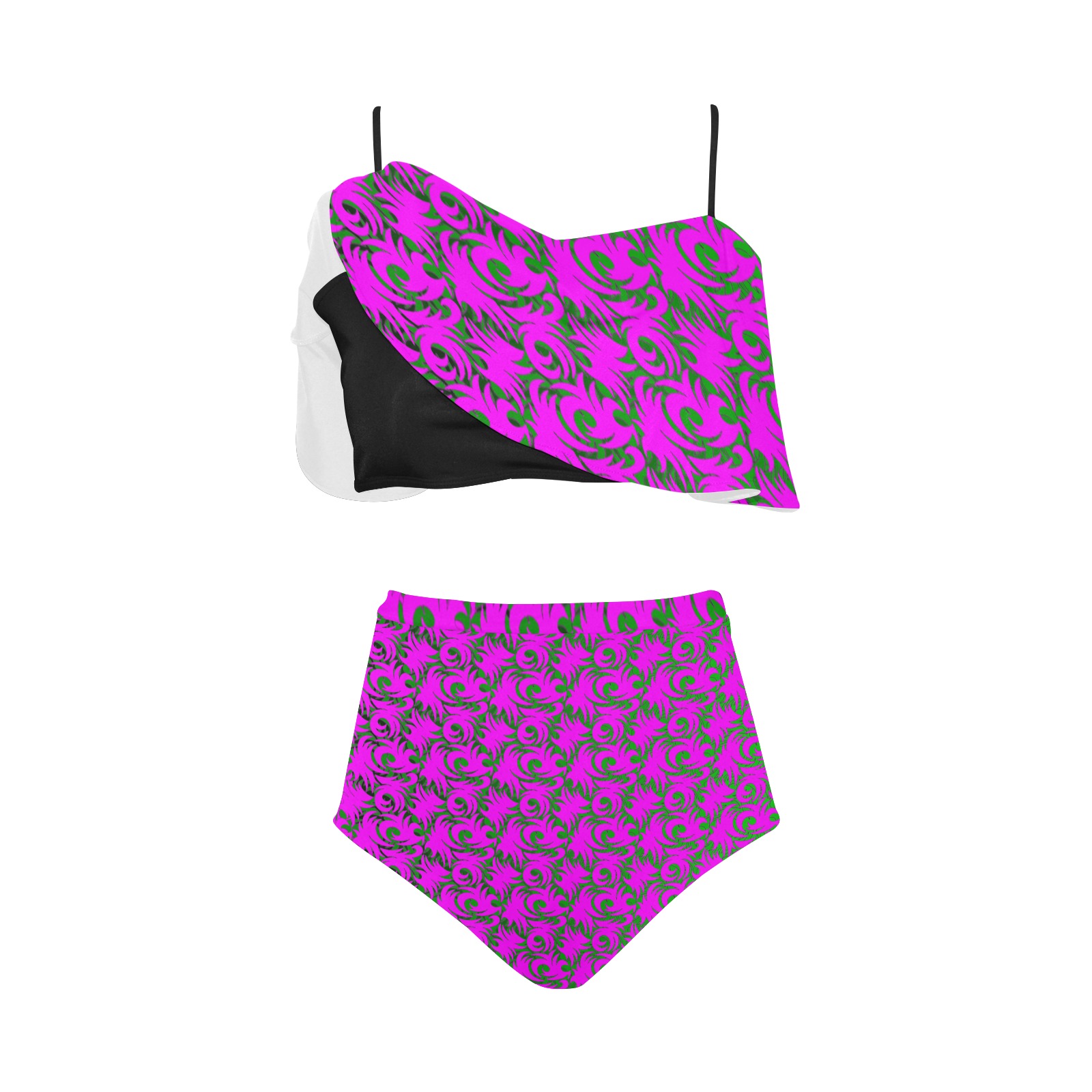 green swirl pink High Waisted Ruffle Bikini Set (Model S13)