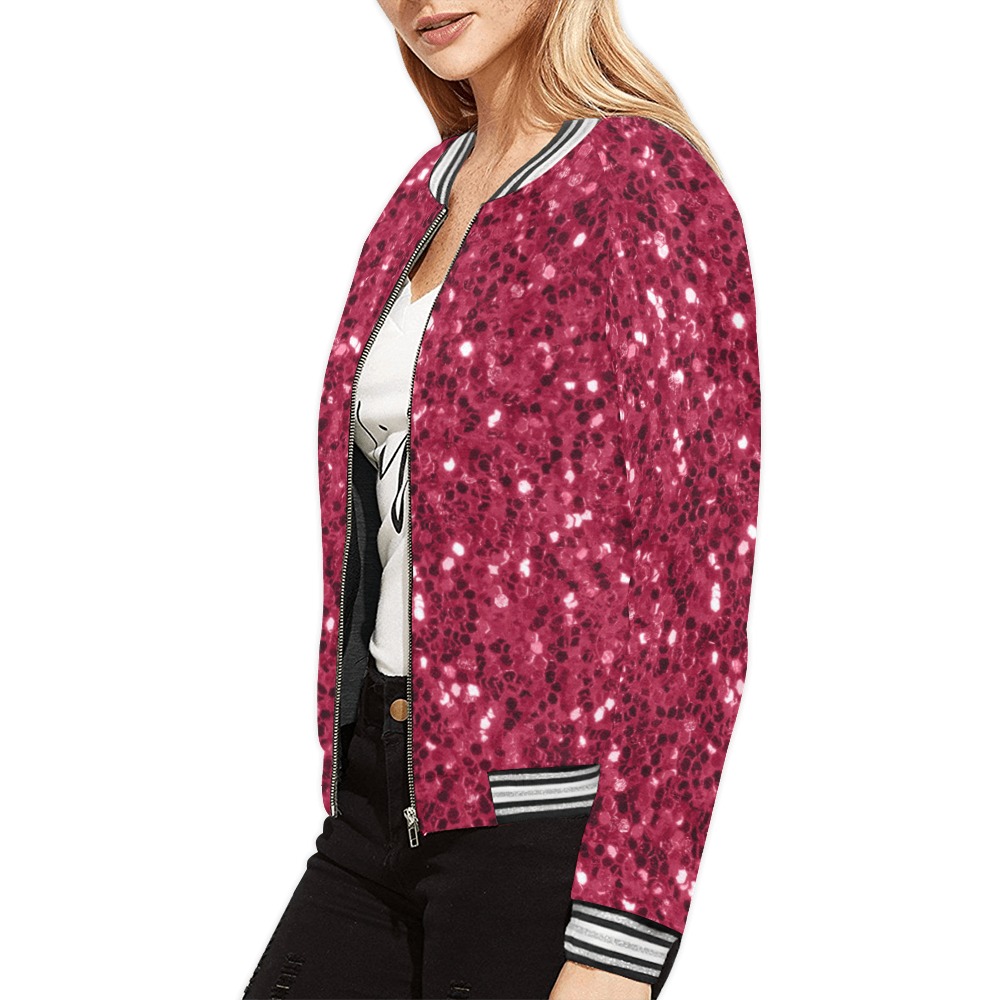 Magenta dark pink red faux sparkles glitter All Over Print Bomber Jacket for Women (Model H21)