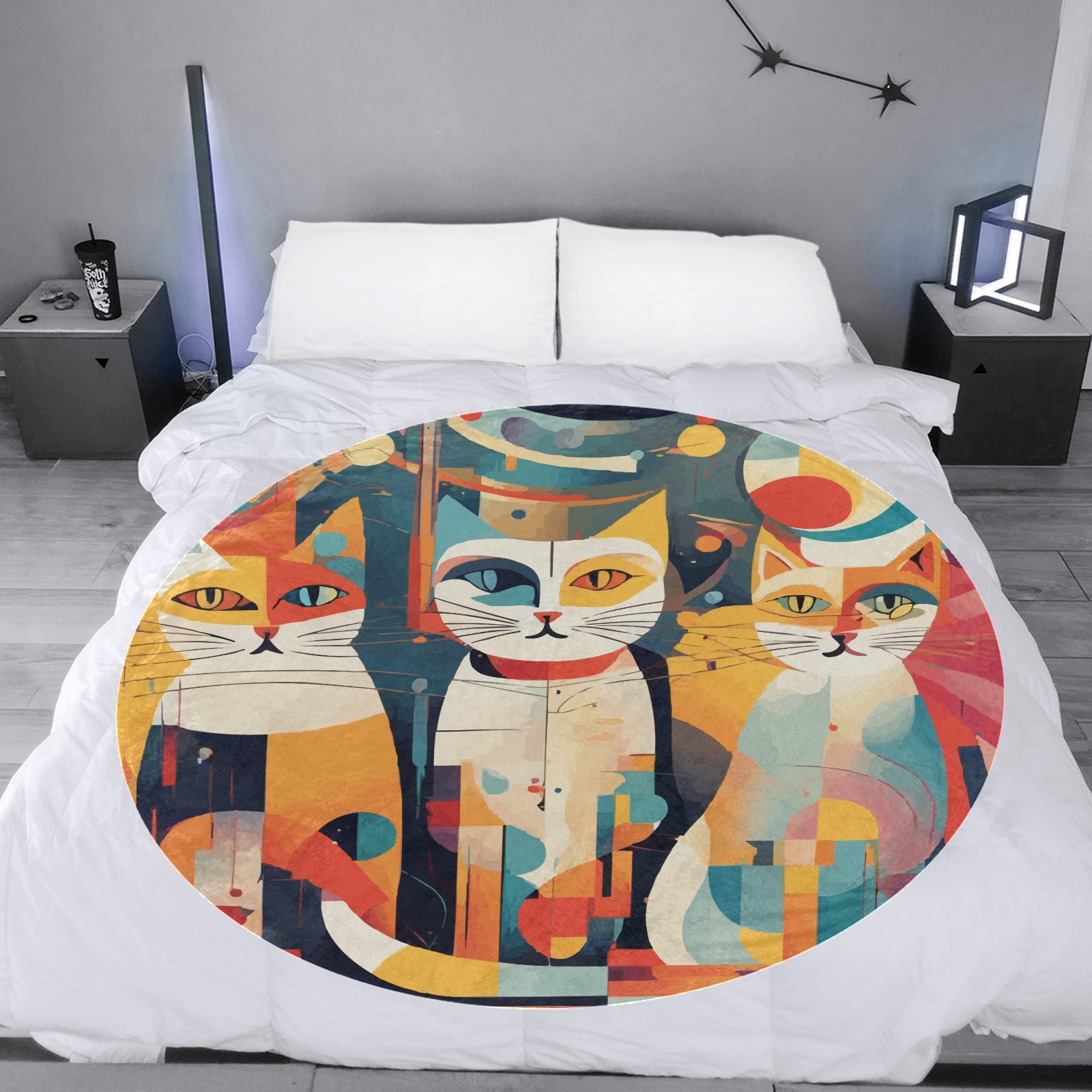 Three cats fantasy abstract art. Festive colors. Circular Ultra-Soft Micro Fleece Blanket 60"