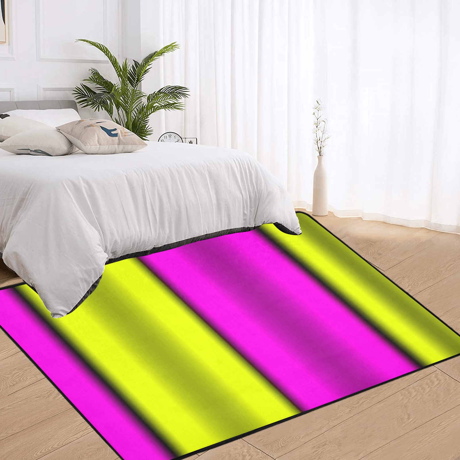 Pink & Yellow Horizontal Stripes Area Rug with Black Binding 7'x5'