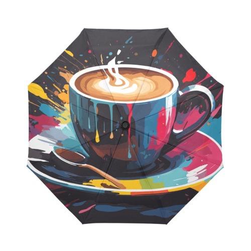A cup of hot steaming coffee and colors on black Auto-Foldable Umbrella (Model U04)