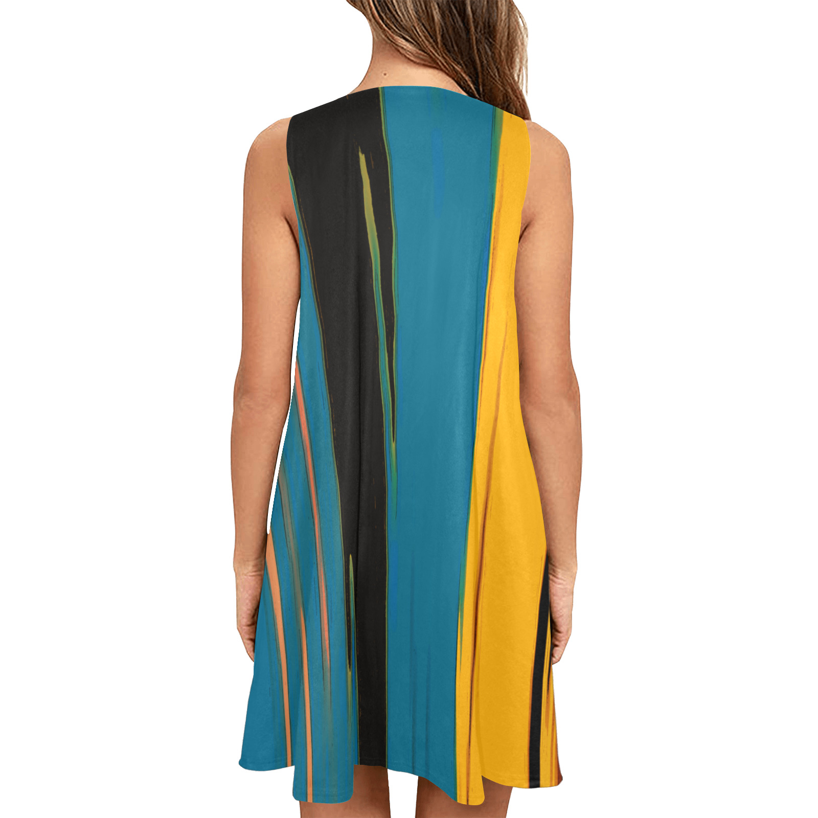 Black Turquoise And Orange Go! Abstract Art Sleeveless A-Line Pocket Dress (Model D57)