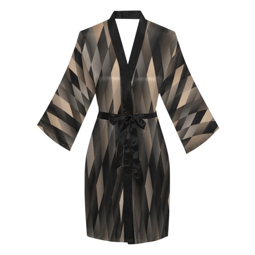 Camel Color and Black Harlequin Geometric Long Sleeve Kimono Robe