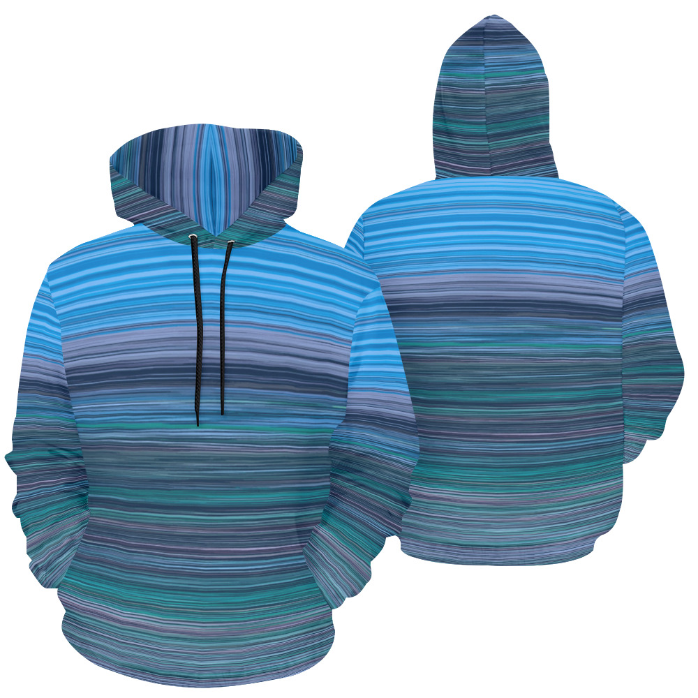 Abstract Blue Horizontal Stripes All Over Print Hoodie for Women (USA Size) (Model H13)