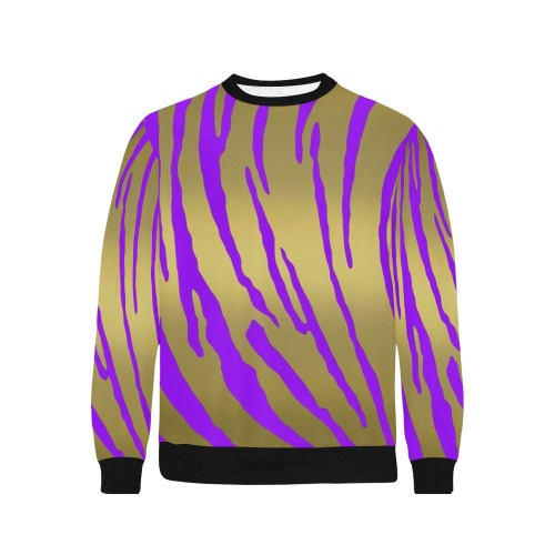 Gold Tiger Stripes Purple Men's Rib Cuff Crew Neck Sweatshirt (Model H34)