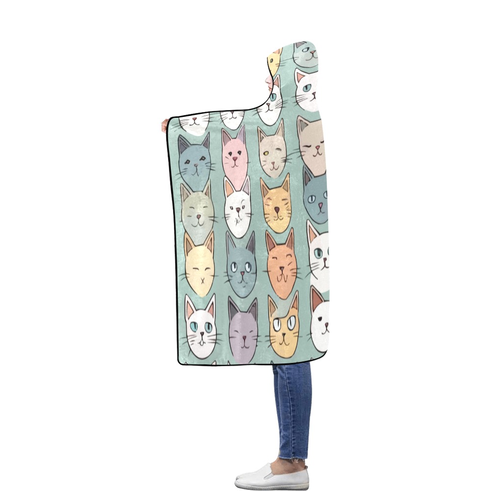 Rows of colorful abstract cat faces. Flannel Hooded Blanket 56''x80''