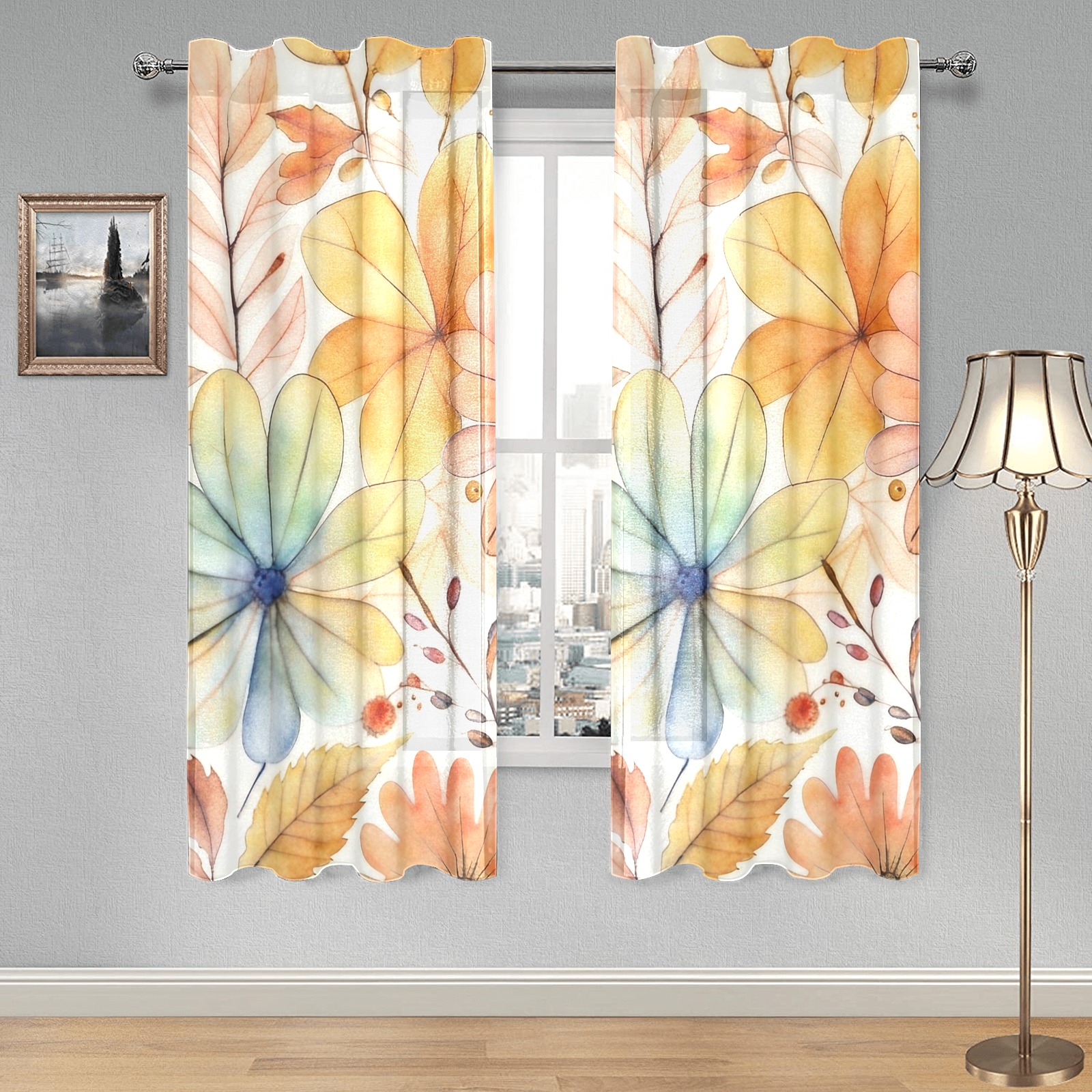 Watercolor Floral 2 Gauze Curtain 28"x63" (Two-Piece)