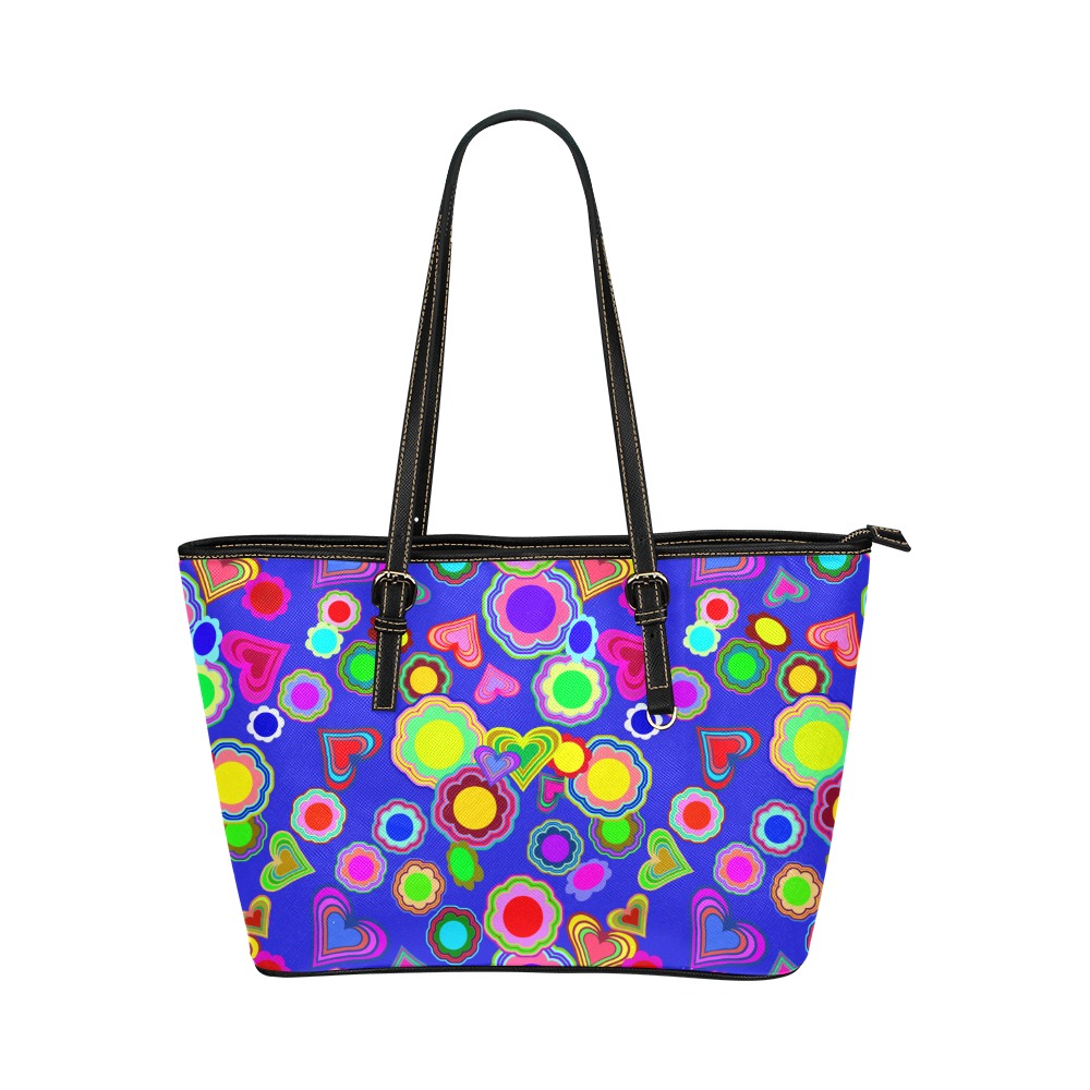 Groovy Hearts and Flowers Blue Leather Tote Bag/Large (Model 1651)