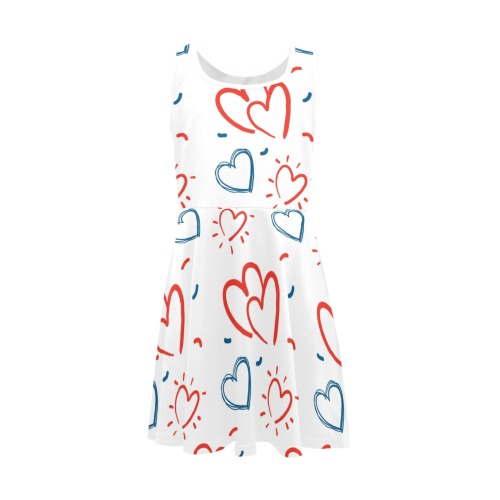 Red and Blue Doodle Hearts on White Bg Girls' Sleeveless Sundress (Model D56)