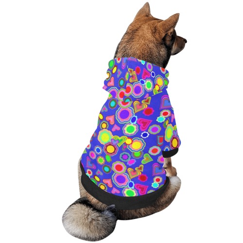 Groovy Hearts and Flowers Blue Pet Dog Hoodie