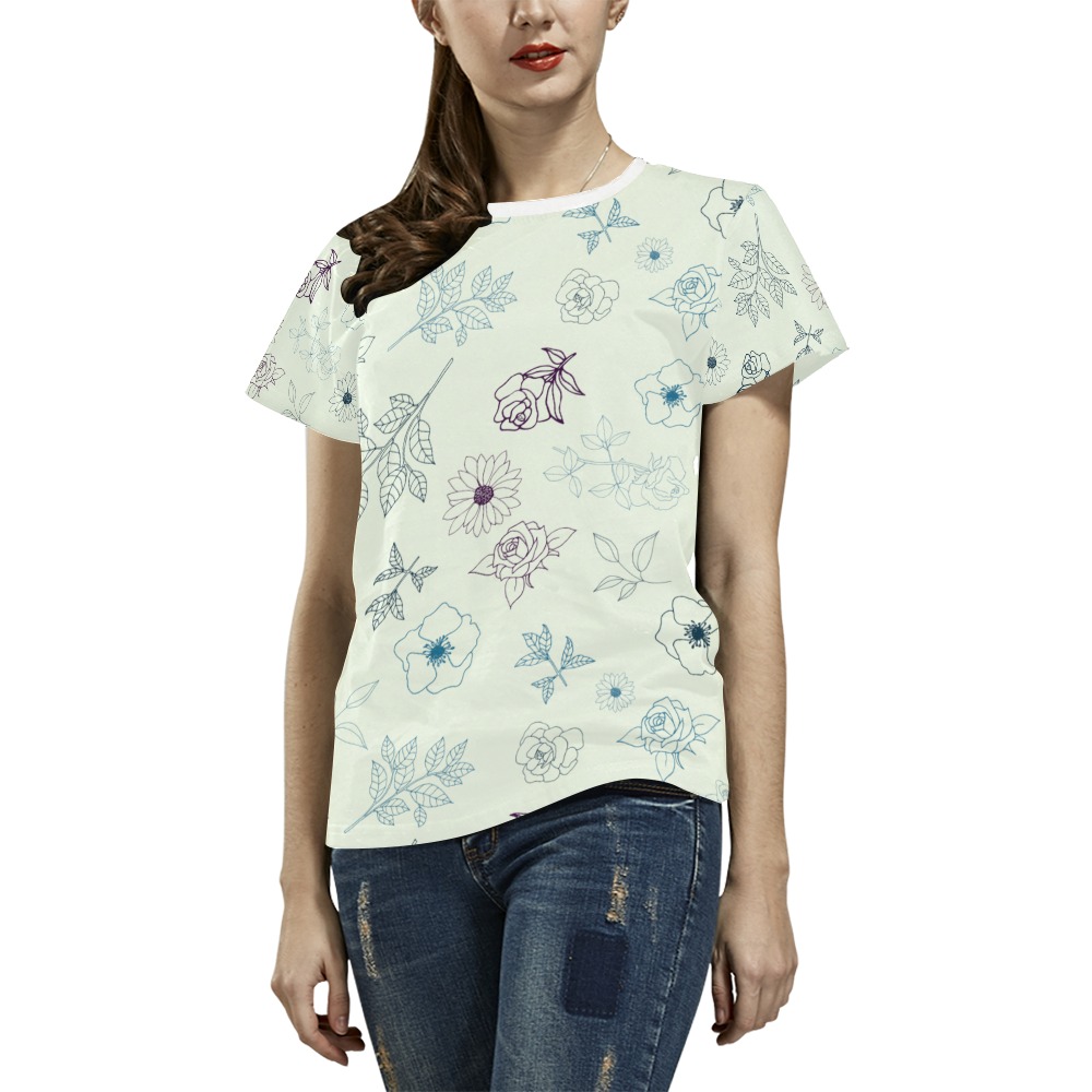 Blue flower pattern All Over Print T-Shirt for Women (USA Size) (Model T40)