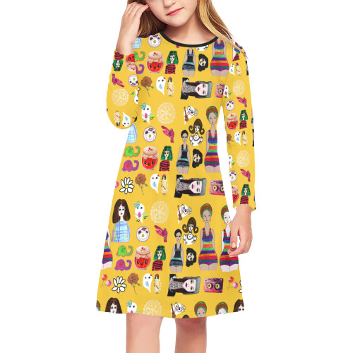drawing collage yellow Girls' Long Sleeve Dress (Model D59)