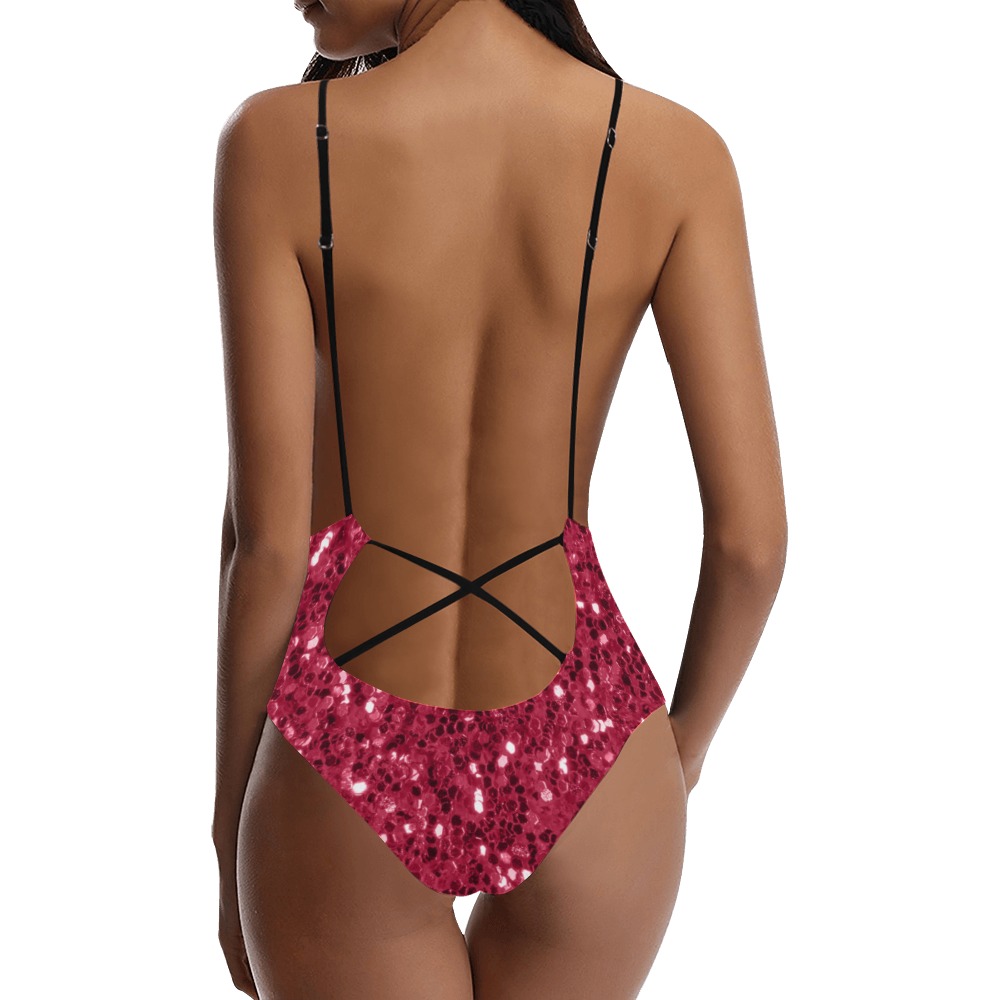Magenta dark pink red faux sparkles glitter Sexy Lacing Backless One-Piece Swimsuit (Model S10)