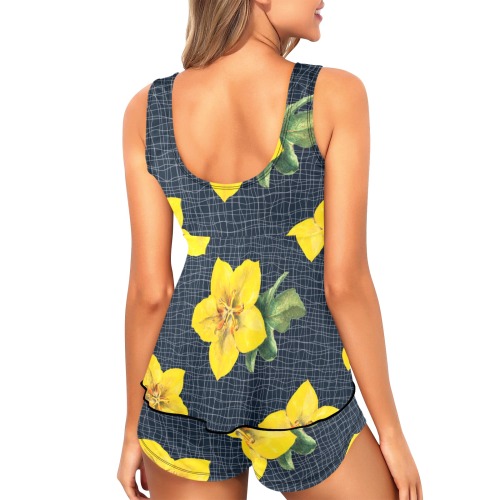yellow flora print copy Women's Vest Skirt Split Swimsuit (Model S47)