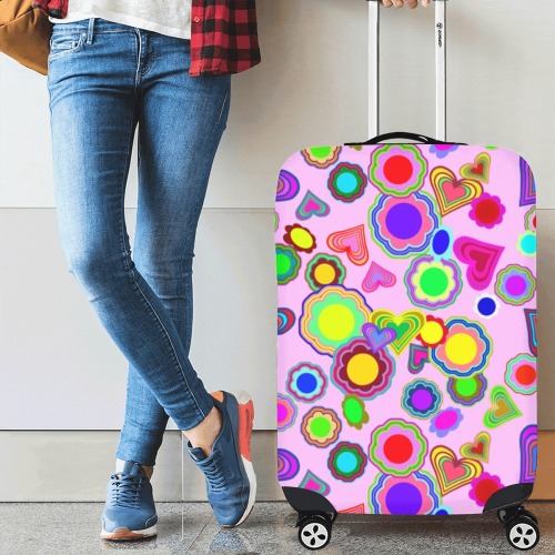 Groovy Hearts and Flowers Pink Luggage Cover/Medium 22"-25"