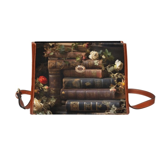 Vintage Books Handbag Waterproof Canvas Bag-Brown (All Over Print) (Model 1641)