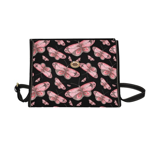 Pink-Butterflies Waterproof Canvas Bag-Black (All Over Print) (Model 1641)