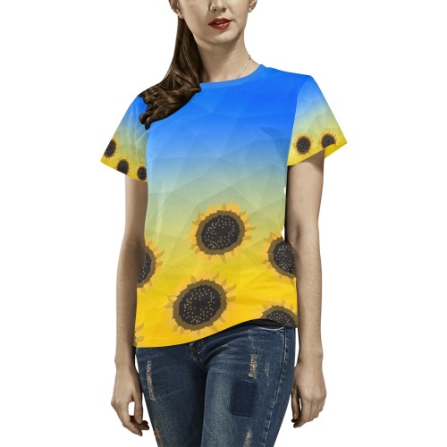 Ukraine yellow blue geometric mesh pattern Sunflowers All Over Print T-Shirt for Women (USA Size) (Model T40)