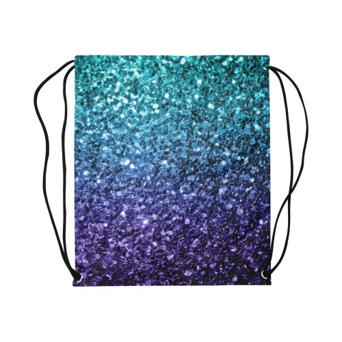 Aqua blue ombre faux glitter sparkles Large Drawstring Bag Model 1604 (Twin Sides)  16.5"(W) * 19.3"(H)