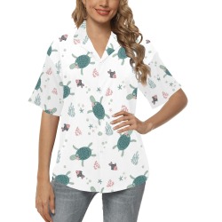 Sea Turtles and Fish All Over Print Hawaiian Shirt for Women (Model T58)