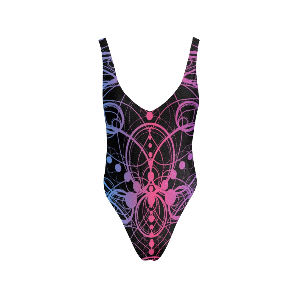 Colored Lotus Pattern Sexy Low Back One-Piece Swimsuit (Model S09)