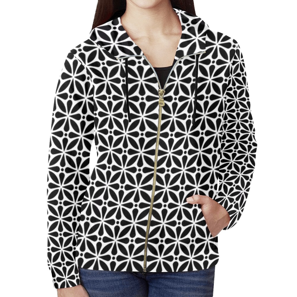 Black and White Floral Pattern Abstract All Over Print Full Zip Hoodie for Women (Model H14)