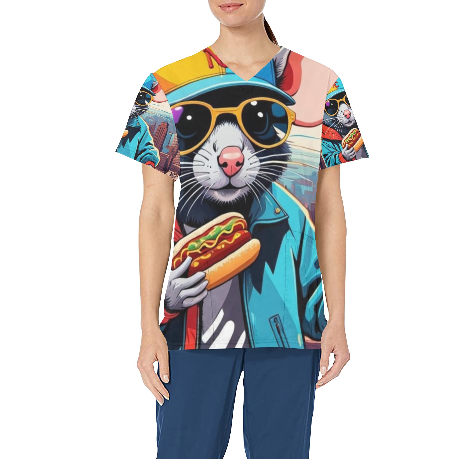 HOT DOG EATING NYC RAT 2 All Over Print Scrub Top
