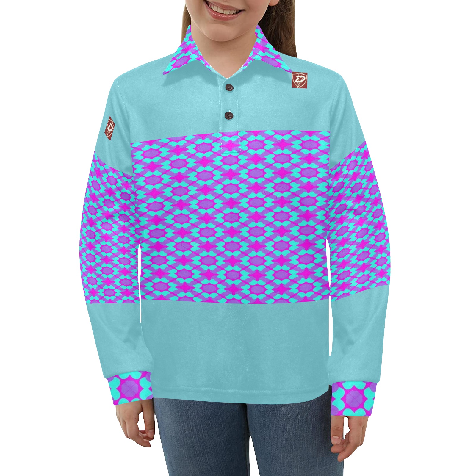 DIONIO Clothing - Ladies' Long Sleeve Polo Shirt (Turquoise & Pink Geometric Red Logo) Big Girls' All Over Print Long Sleeve Polo Shirt (Model T73)