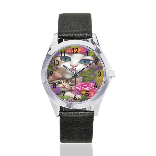 Cute Kittens 8 Unisex Silver-Tone Round Leather Watch (Model 216)