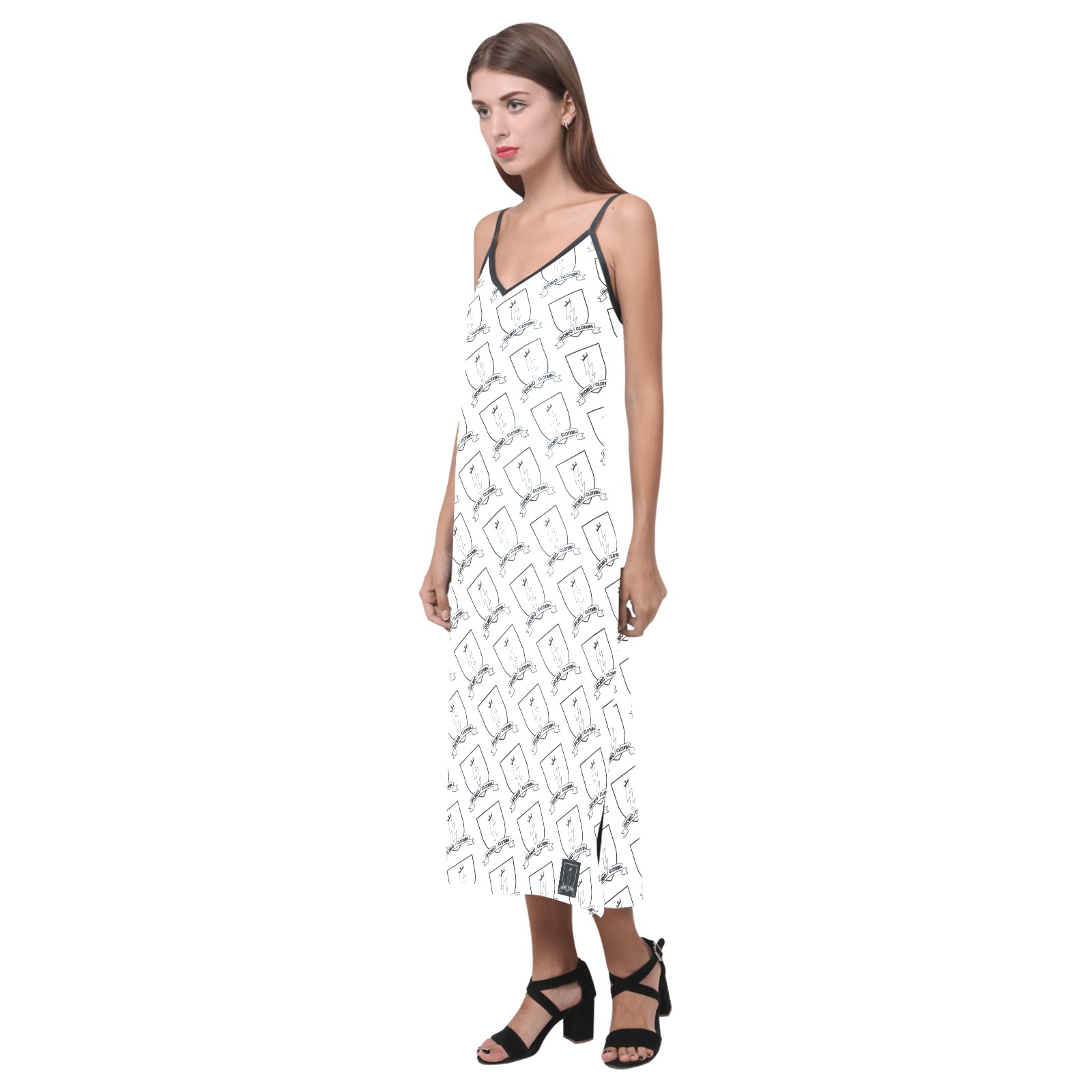 DIONIO Clothing - Ladies' White Repeat Logo V-Neck Open Fork Long Dress (White & Black) V-Neck Open Fork Long Dress(Model D18)