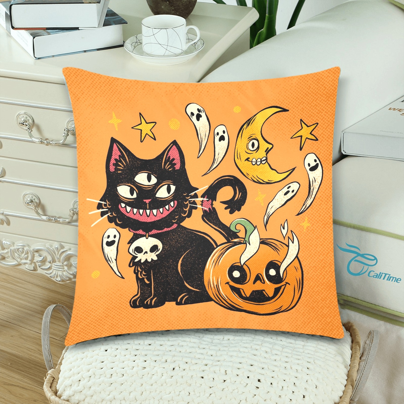 Creepy Black Cat Halloween Custom Zippered Pillow Cases 18"x 18" (Twin Sides) (Set of 2)