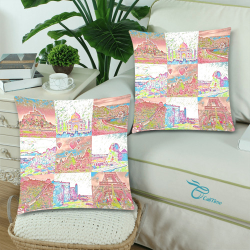 First Pink and White World Travel Collage Custom Zippered Pillow Cases 18"x 18" (Twin Sides) (Set of 2)
