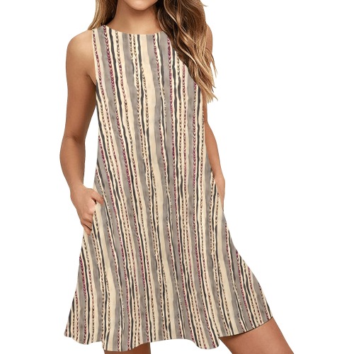 brown stripe 1 Sleeveless A-Line Pocket Dress (Model D57)