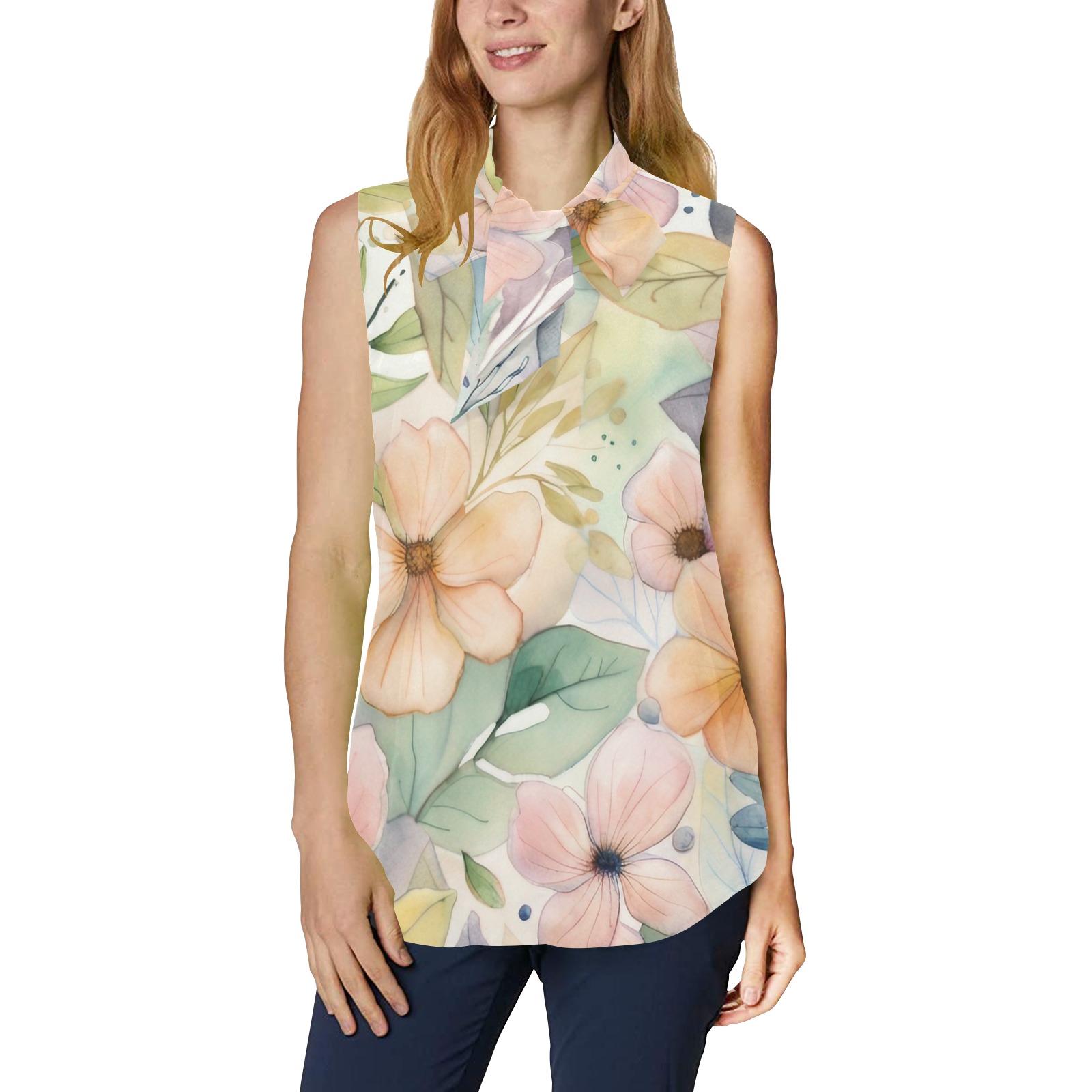 Watercolor Floral 1 Women's Bow Tie V-Neck Sleeveless Shirt (Model T69)