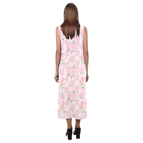 Spring Pink Roses Phaedra Sleeveless Open Fork Long Dress (Model D08)