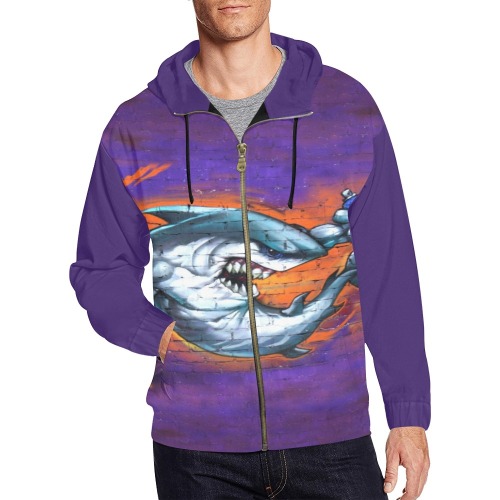 Graffiti Shark Wall Art - Purple Sleeves All Over Print Full Zip Hoodie for Men (Model H14)