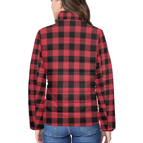 Red and Black Plaid Women's Stand Collar Padded Jacket (Model H41)