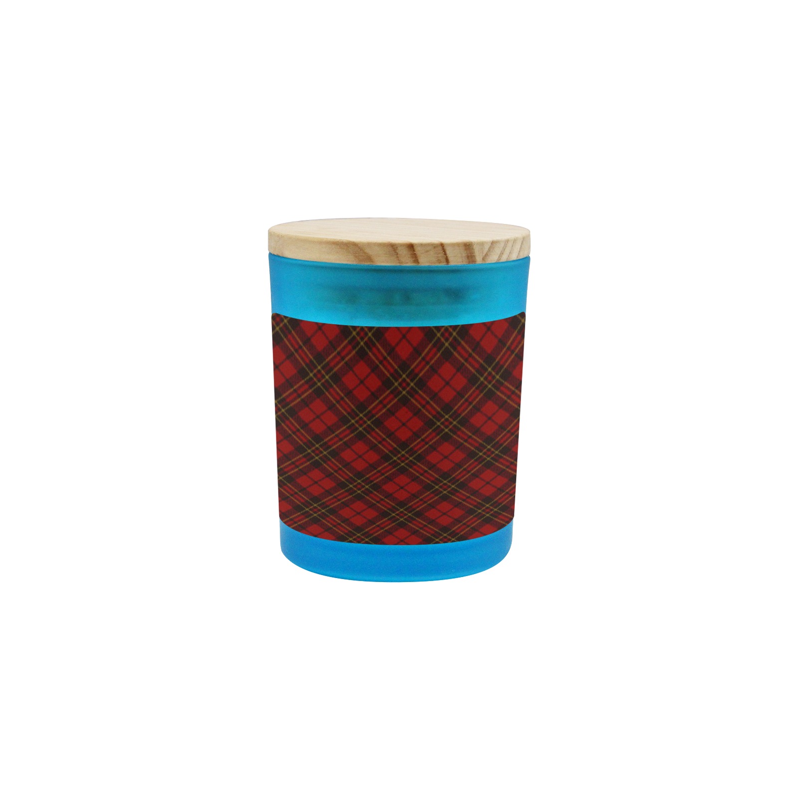 Red tartan plaid winter Christmas pattern holidays Blue Glass Candle Cup (Wood Sage & Sea Salt)