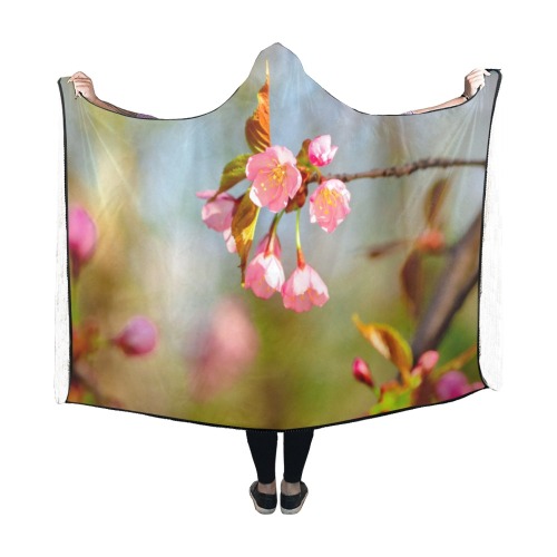 Fresh and young sakura cherry flowers digital art. Hooded Blanket 60''x50''