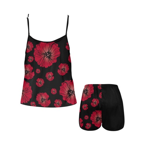 Ô Scarlet Poppies on Black Women's Spaghetti Strap Short Pajama Set