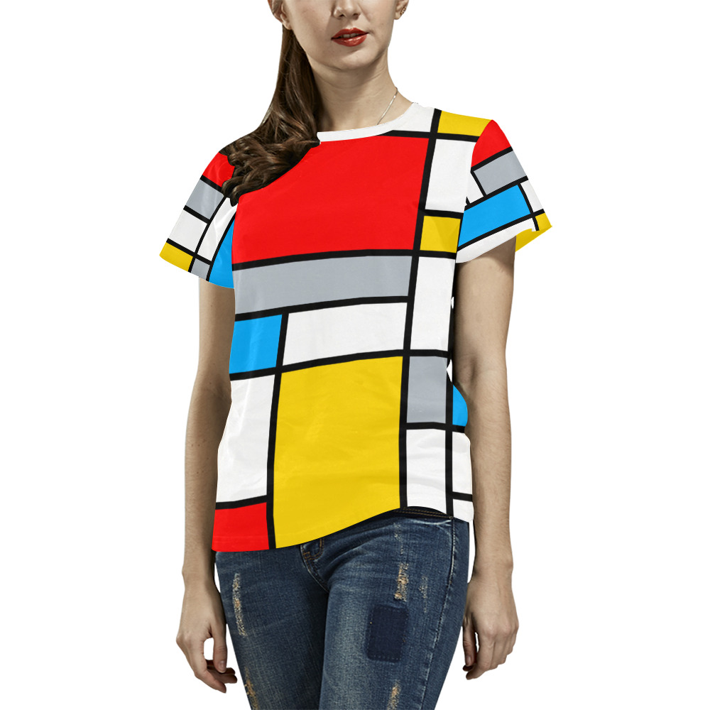 Mondrian Style Color Composition Geometric Retro Art All Over Print T-Shirt for Women (USA Size) (Model T40)