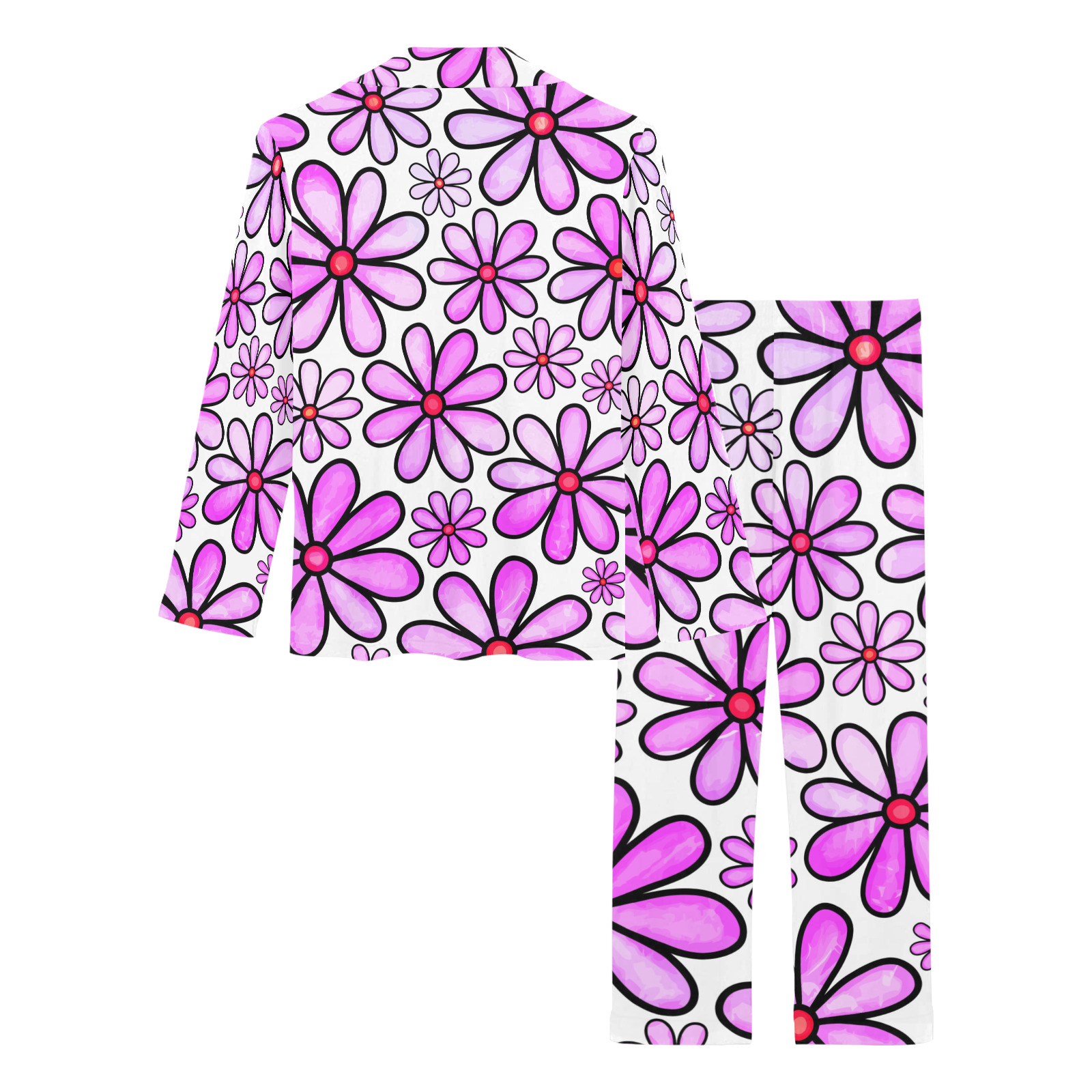 Pink Watercolor Doodle Daisy Flower Pattern Women's Long Pajama Set