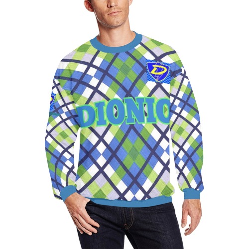 DIONIO Clothing - Argyle Blue, Neon, Dark Blue & Diamond Sweatshirt (Blue D-Shield Logo) Men's Oversized Fleece Crew Sweatshirt (Model H18)
