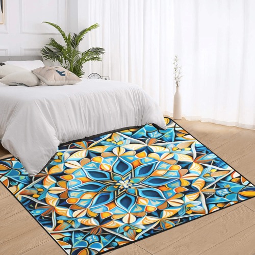 repeating pattern, sky blue, orange and pale yellow Area Rug with Black Binding 7'x5'