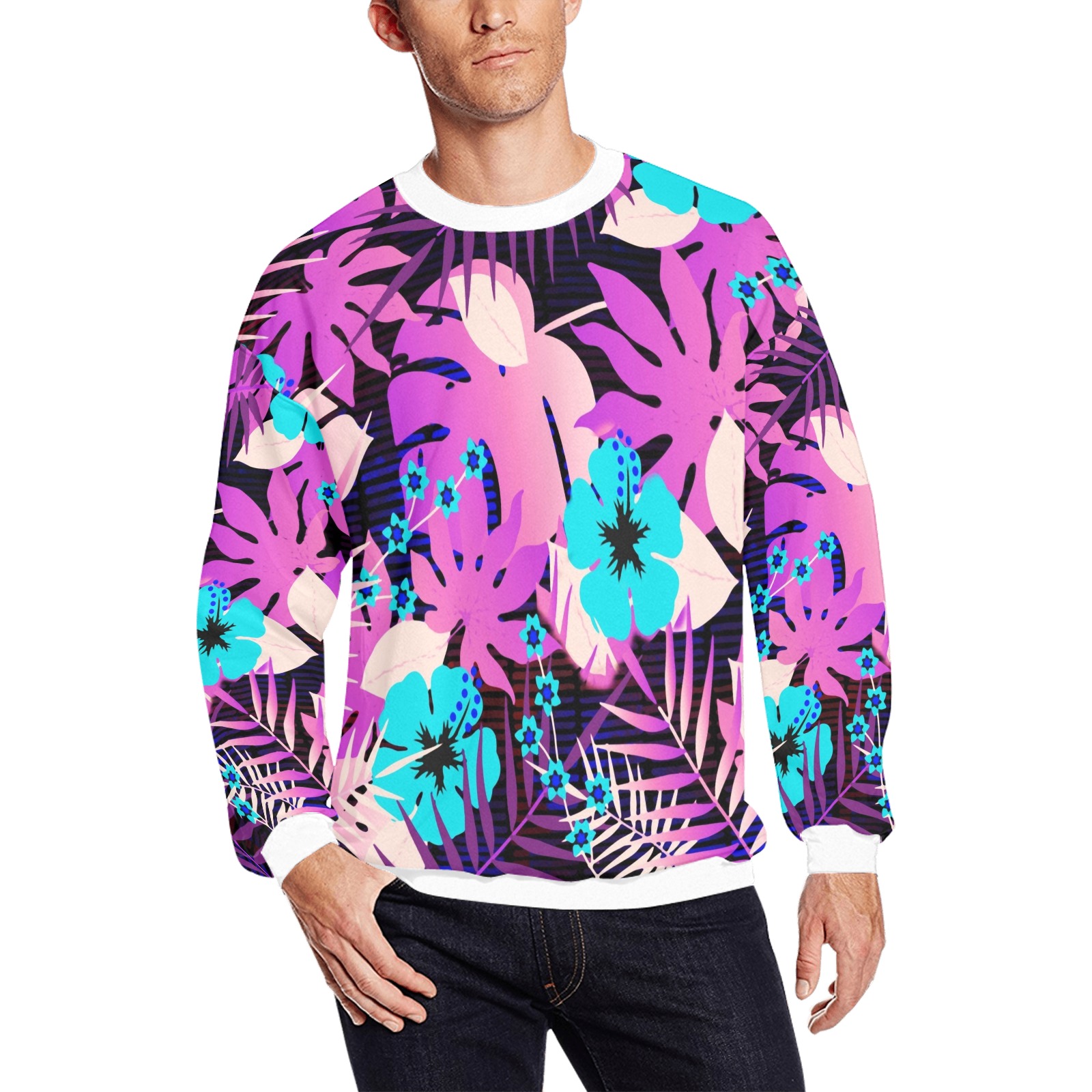 GROOVY FUNK THING FLORAL PURPLE All Over Print Crewneck Sweatshirt for Men (Model H18)