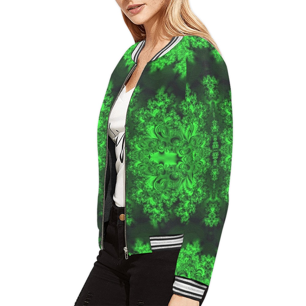 Frost on the Evergreens Fractal All Over Print Bomber Jacket for Women (Model H21)